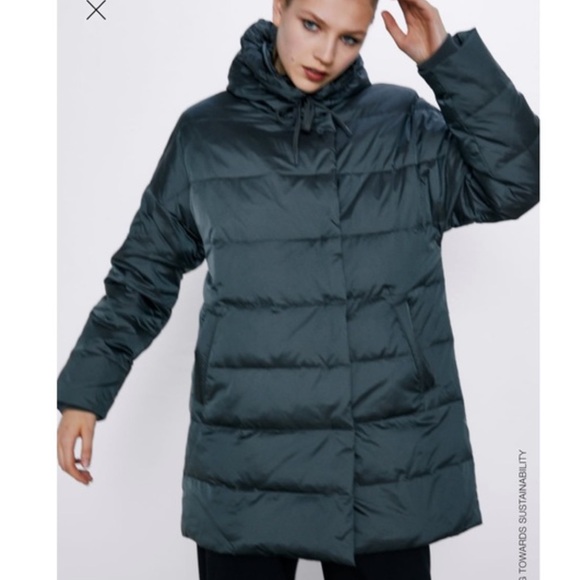 Zara Green Down Puffer Coat with Hood â Womenâs Medium - Picture 3 of 13